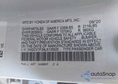 2020 Honda Accord Sport z USA, uszkodzony, nr VIN 1HGCV1F34LA135925